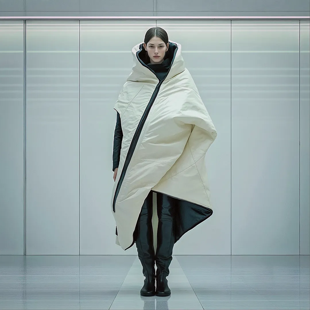 AI Image / Midjourney // Woman wearing a shelter survival outfit in style of a white isolated blanket