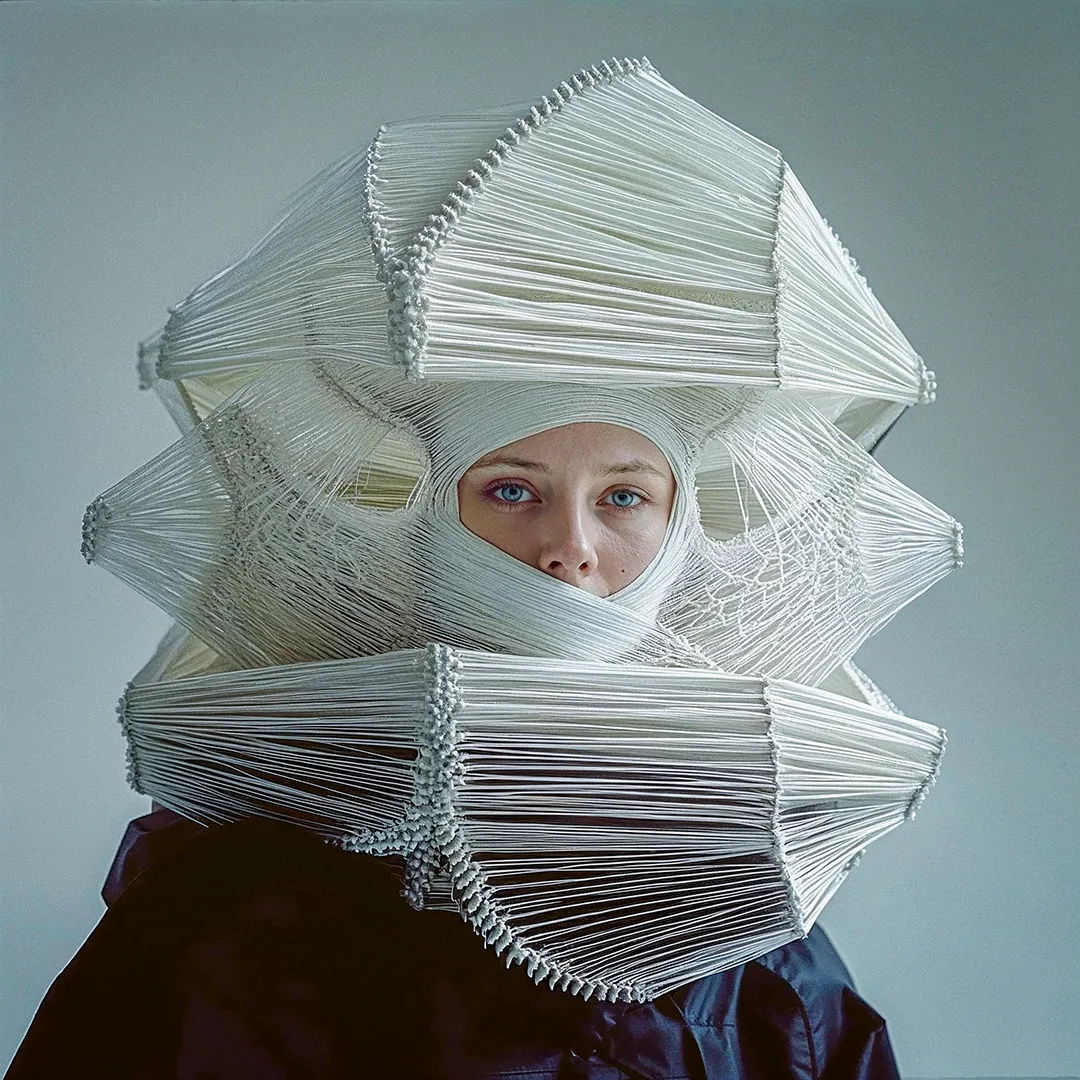 AI Image / Midjourney // Woman wearing a phantastic headgear made of interwoven white string