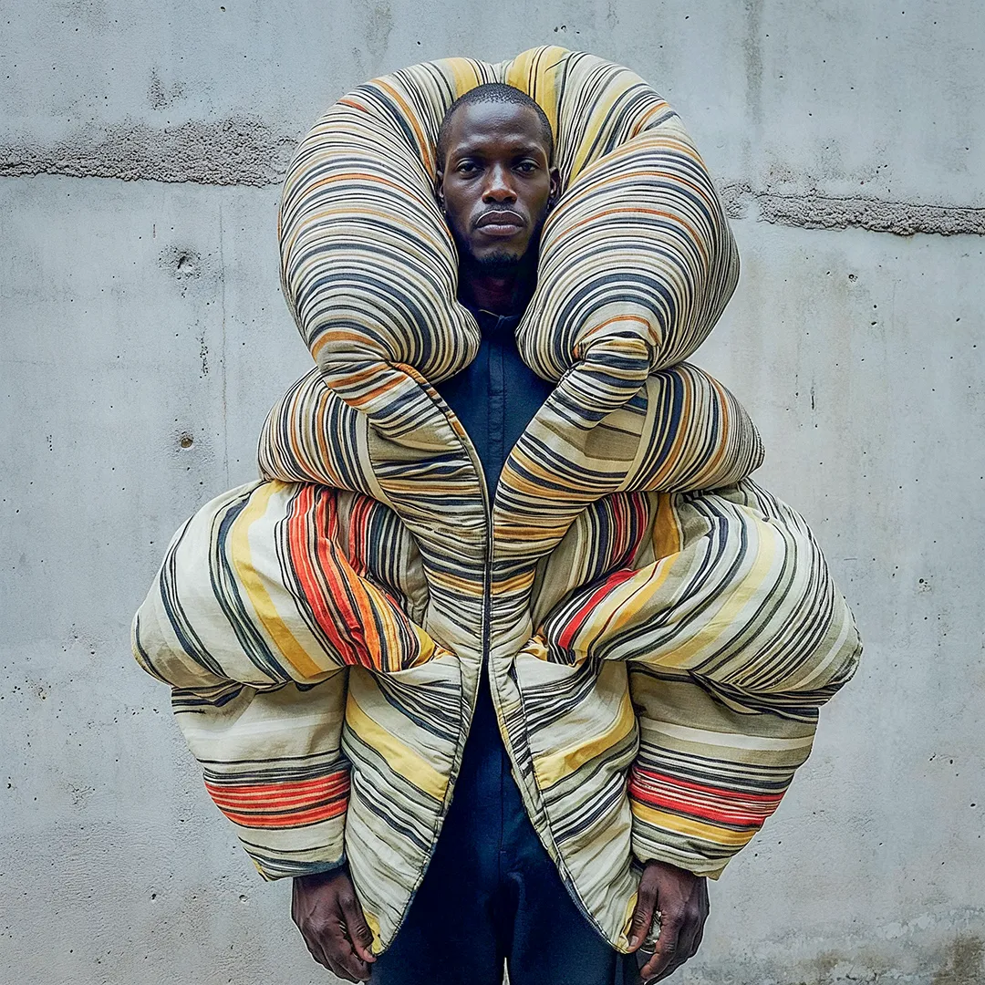 AI Image / Midjourney // African man wearing a phantastic shelter survival outfit made of striped puffer material