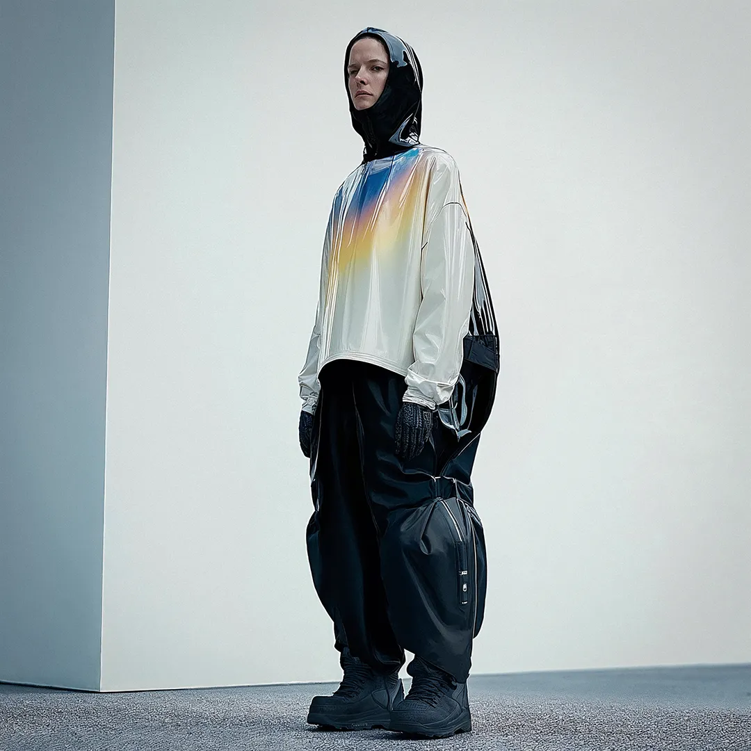 AI Image / Midjourney // Woman wearing a phantastic shelter survival outfit made of glossy plastic