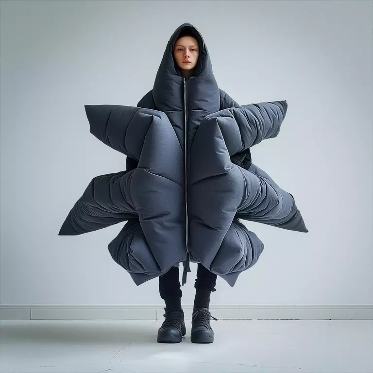 New Realities / AI Image of "shelter" garnement with bizarre and opulente paddings