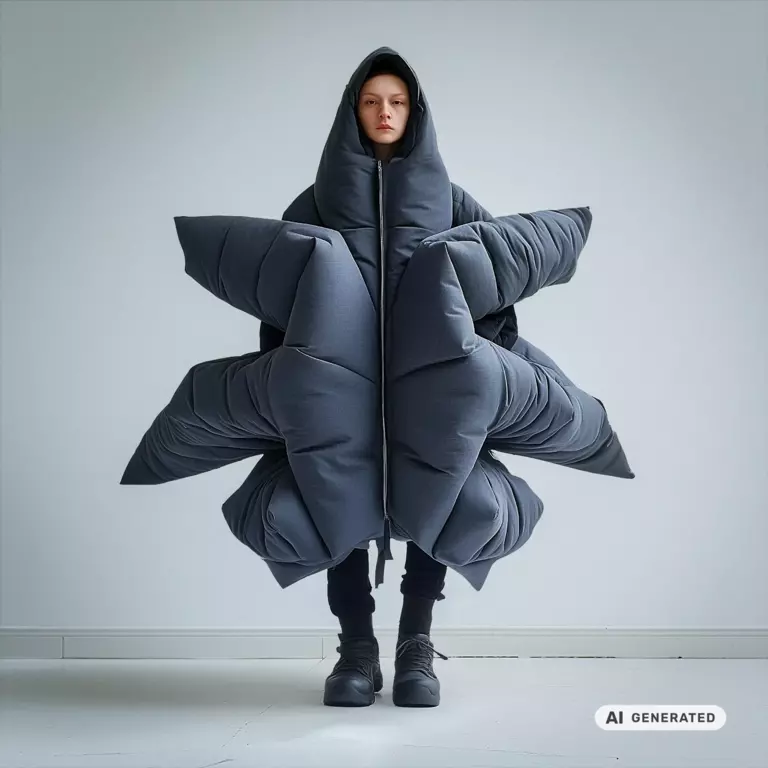 New Realities / AI generated Image of "shelter" garnement with bizarre and opulente paddings