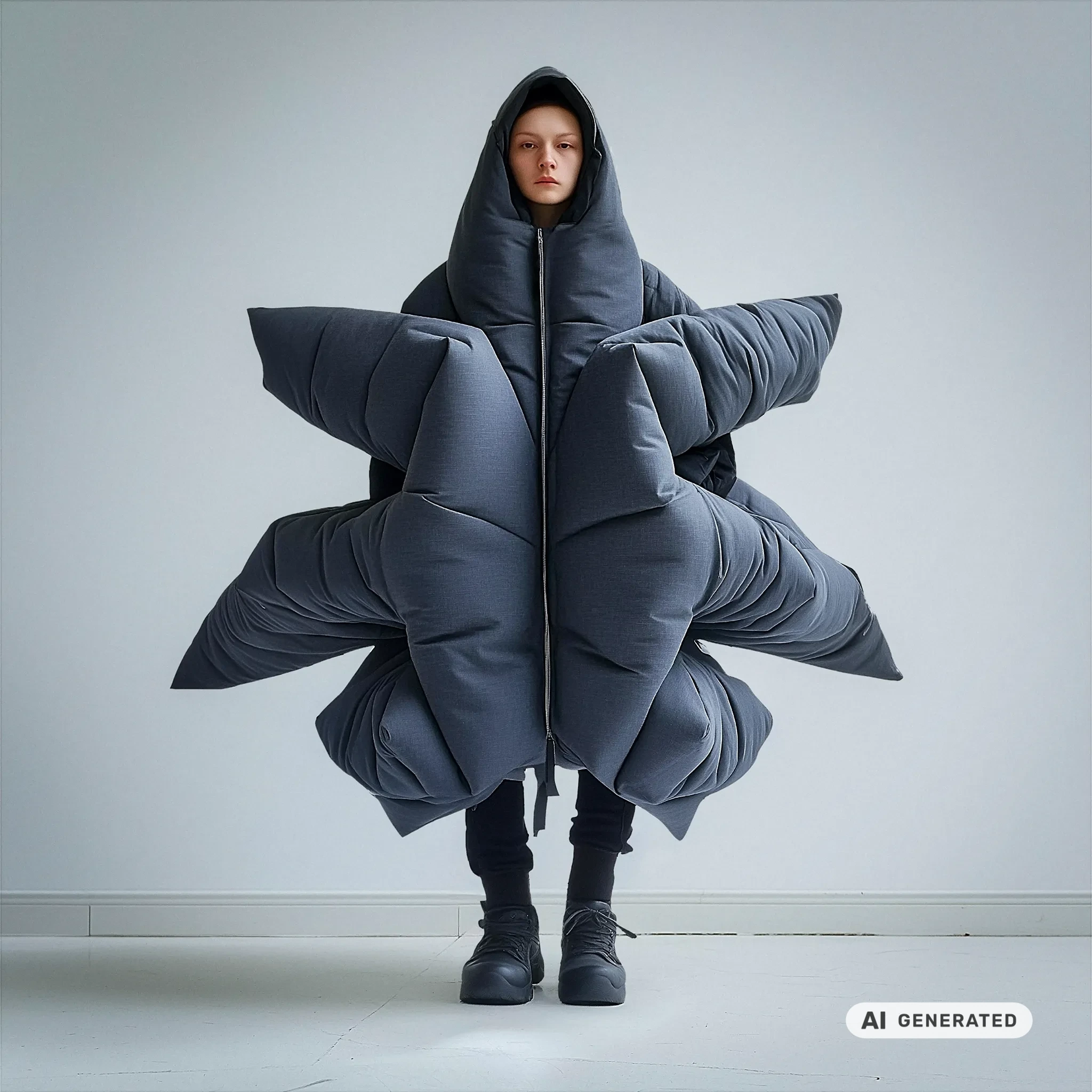 New Realities / AI generated Image of "shelter" garnement with bizarre and opulente paddings