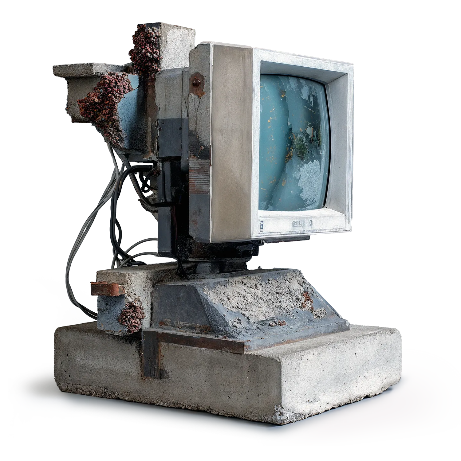 AI generated image / A computer-screen mounted on a block of concrete