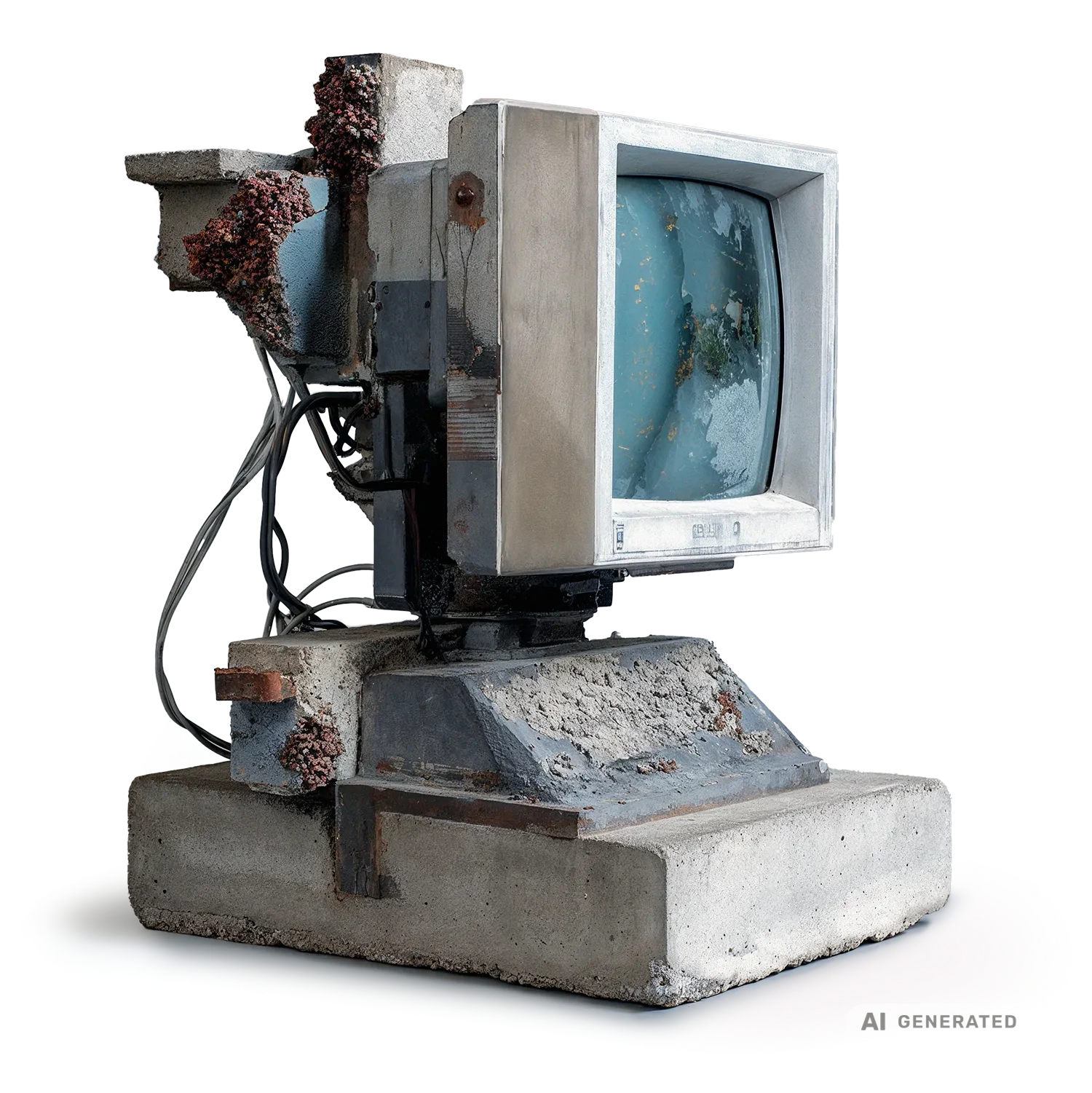 AI generated image / A computer-screen mounted on a block of concrete