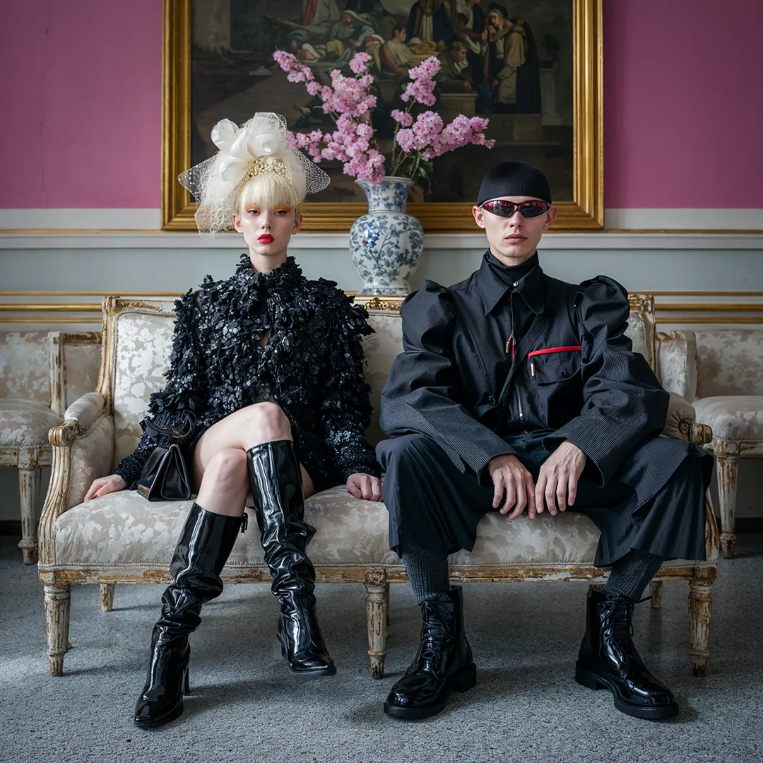 Text to Image, abstract AI-Fashion-Photo of a walking man in elegant suit, radiant colours, light leak effect