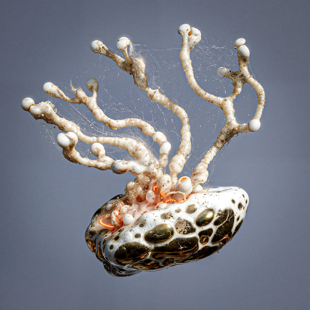 GenAI-image, surreal photorealistic image of a birds head in radient colours neon blue, orange and violett