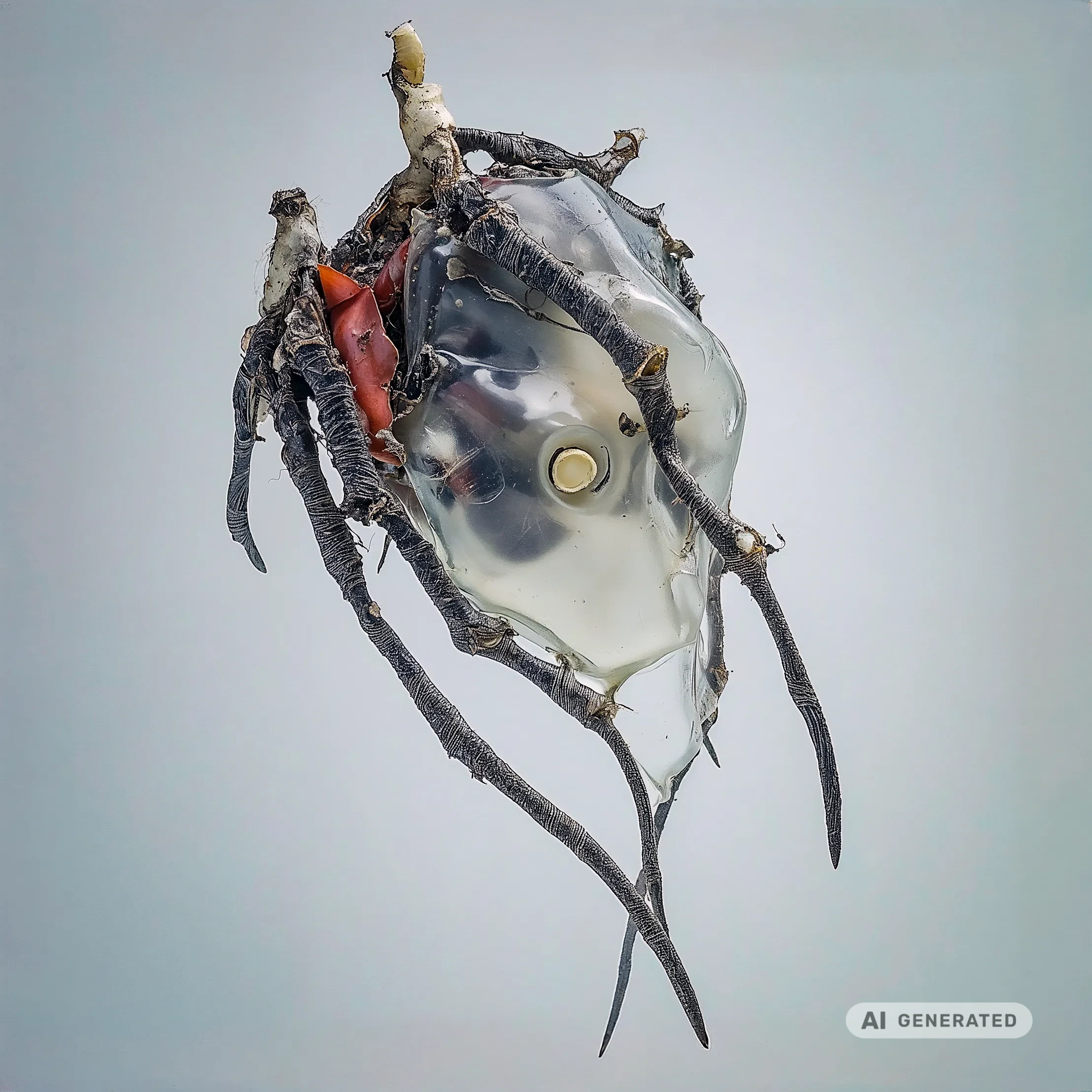 GenAI-image, surreal photorealistic image of a birds head in radient colours neon blue, orange and violett